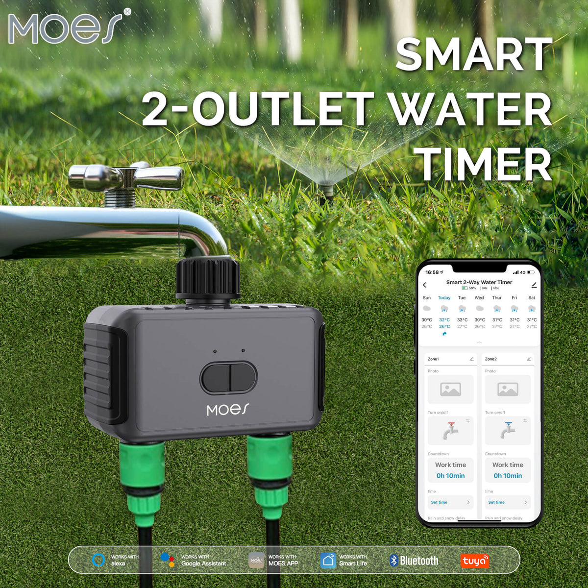 BLE Timer, Smart Sprinkler Water Timer with 2 Outlet – MOES