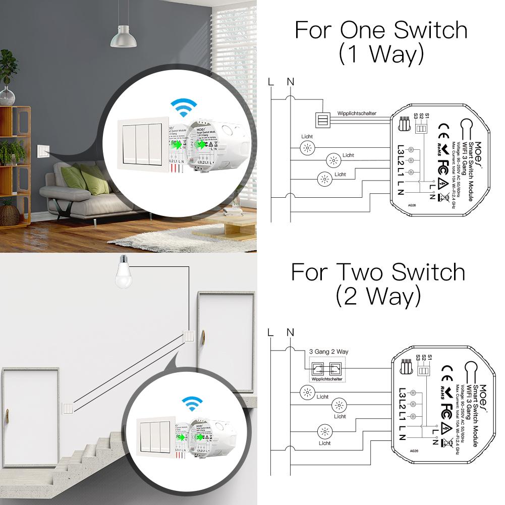 Mini DIY WiFi Smart Light Switch 3 Gang 1/2 Way Module - Moes