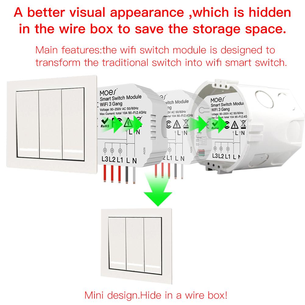 Mini DIY WiFi Smart Light Switch 3 Gang 1/2 Way Module - Moes