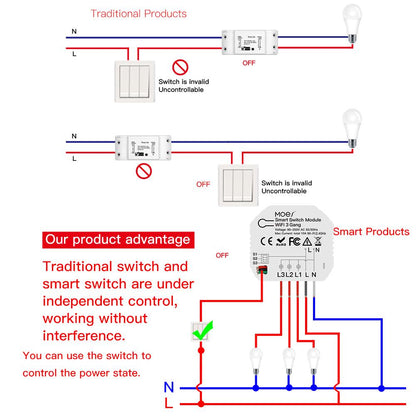 Mini DIY WiFi Smart Light Switch 3 Gang 1/2 Way Module - Moes