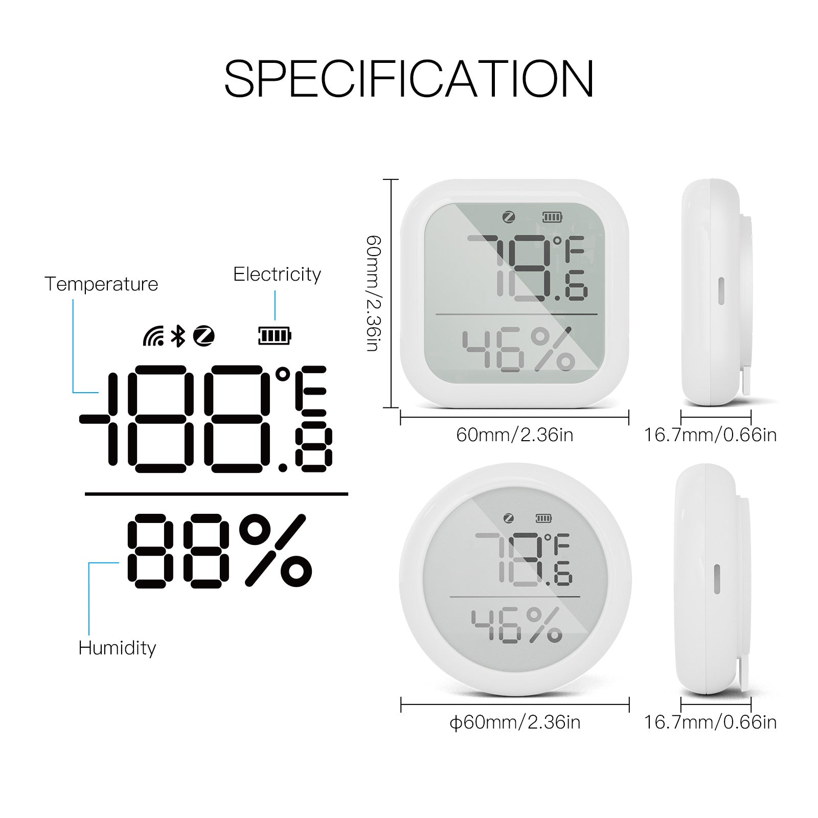 WiFi Smart Thermometer Wall-Mounted Hygrometer Thermometer, Humidity Temperature Gauge with Remote Monitor, Large LCD Display, White, Size: 64 x 64 x
