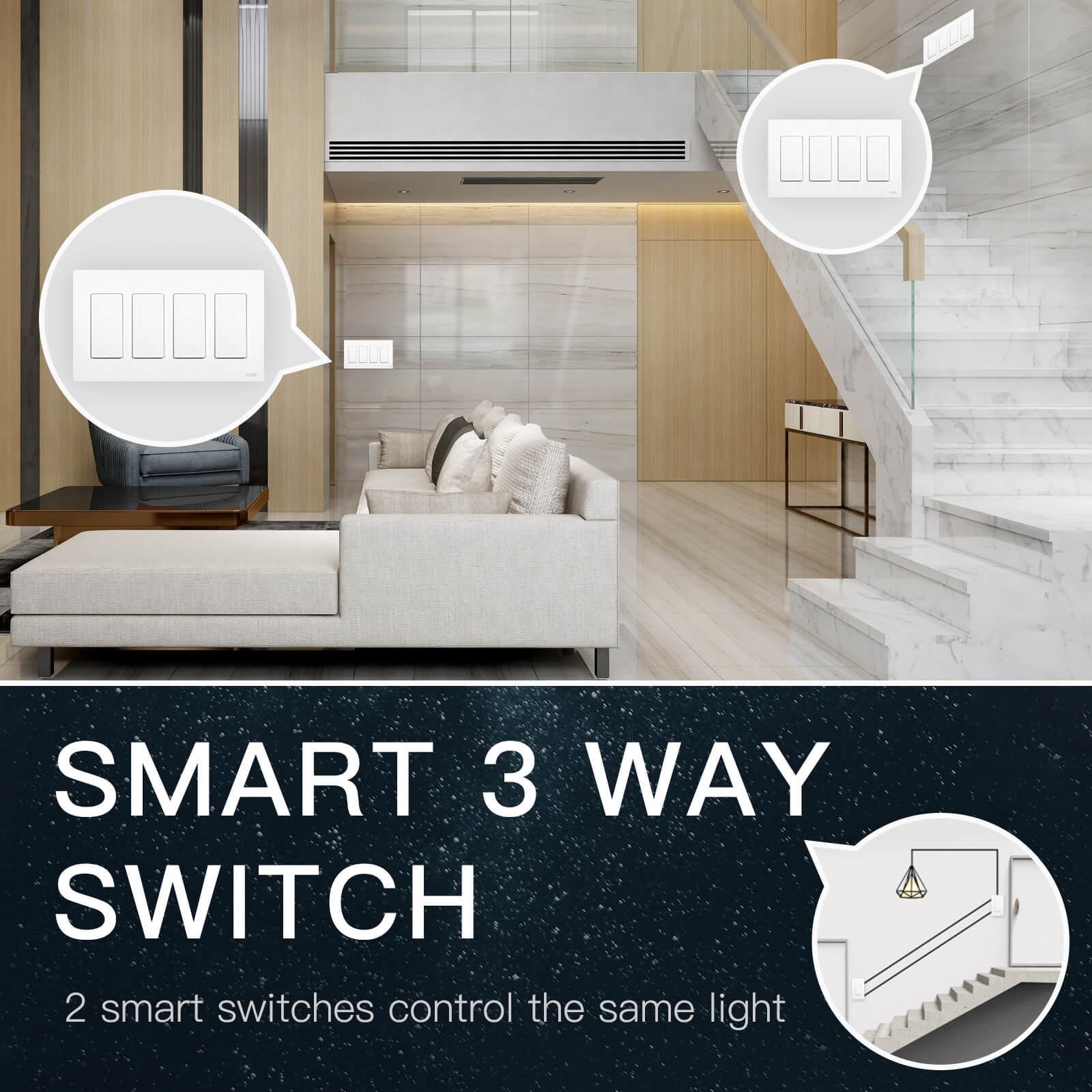 MOES Star Ring 2nd Generation Smart WiFi 3 Way/Single Pole Push Button Light Switch 1/2/3/4 Gang - MOES