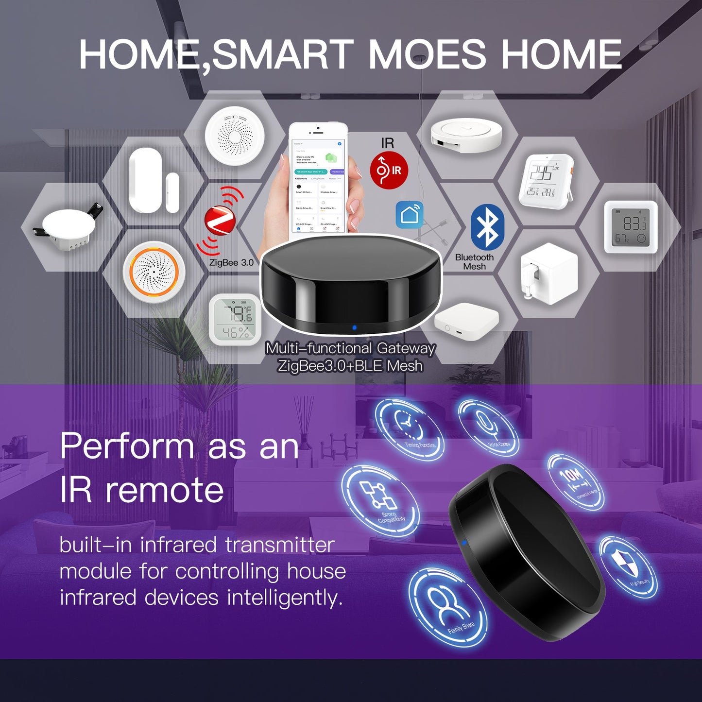 MOES WiFi 2 in 1 Wireless Multi-function Gateway with 38K IR Remote Controller - MOES