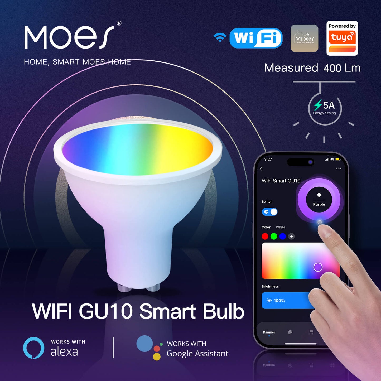 Spot WiFi GU10 multicolore (RGBW) 380 lumens (4,5W) compatible Tuya Smart  Life, Google Home,  Alexa, Siri Shortcuts 