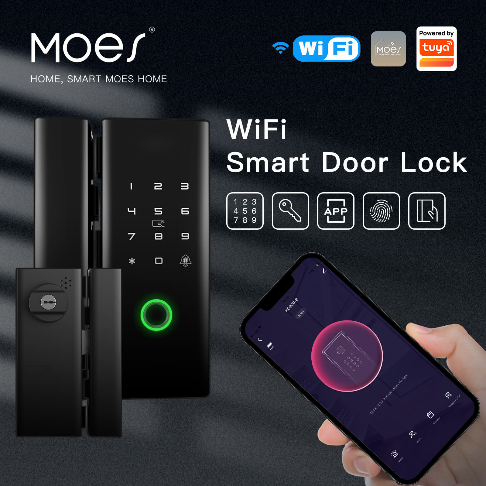 MOES WiFi Smart App Remote Control Door Lock Iron Gate Outdoor Mechanical Key Fingerprint Password Electronic Unlock - MOES