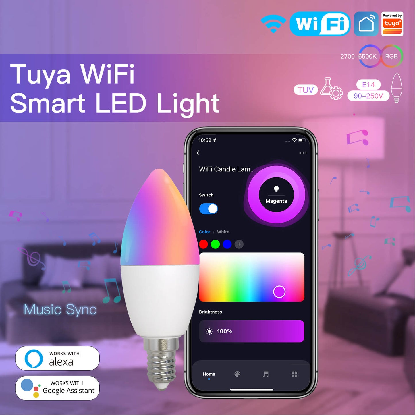 MOES WiFi Smart E14 6W/ E12 5W Candle LED Light Candelabra Bulb RGBCCT 2700-6500K Alexa Google Voice Control - MOES