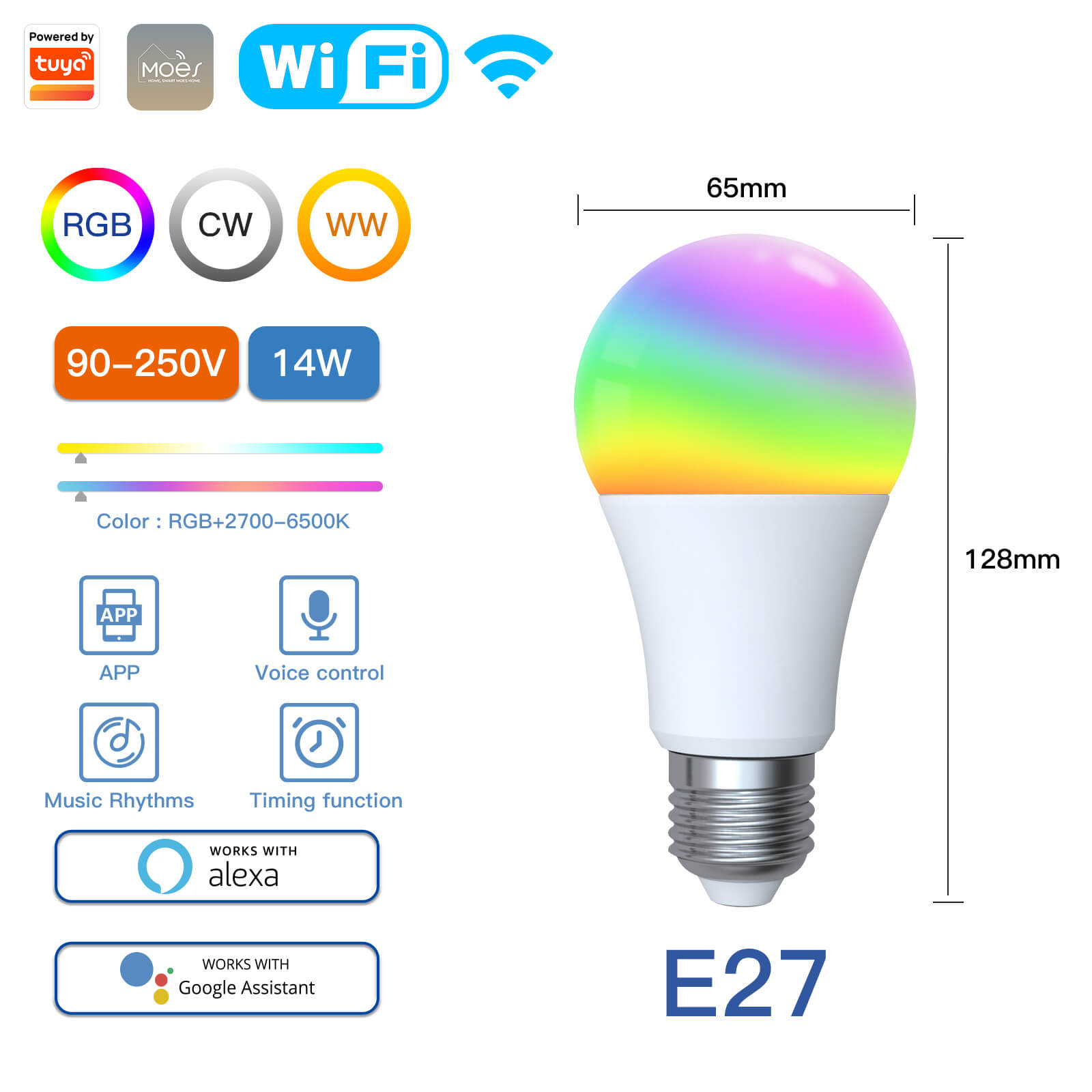 WiFi Smart LED Light Bulb Dimmable 14W RGB E27 Color Changea