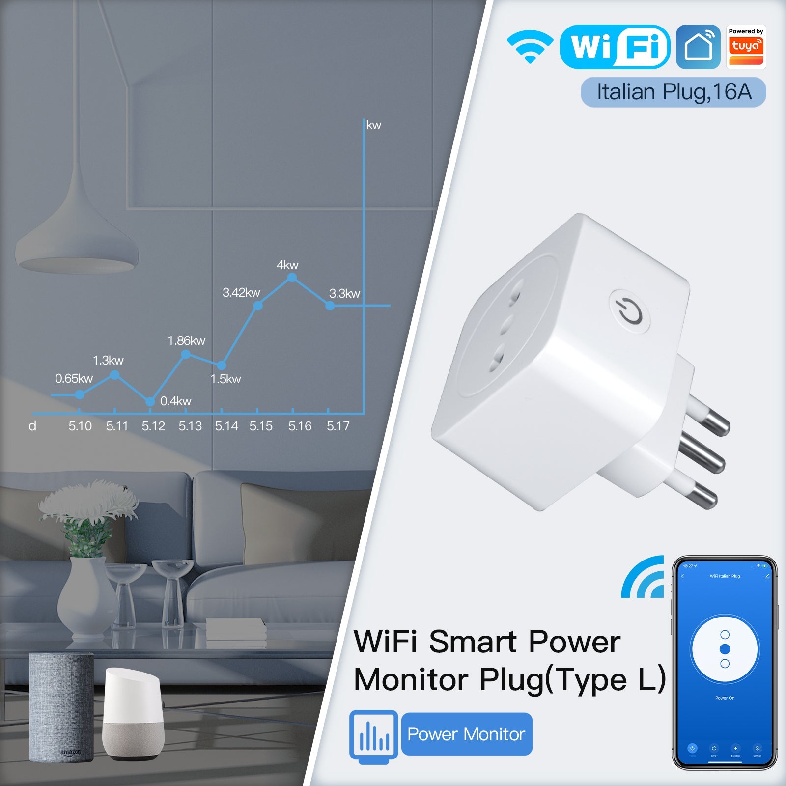 MOES WiFi Smart Socket Power Plug(Type L) Italian 16A Energy Monitor - MOES