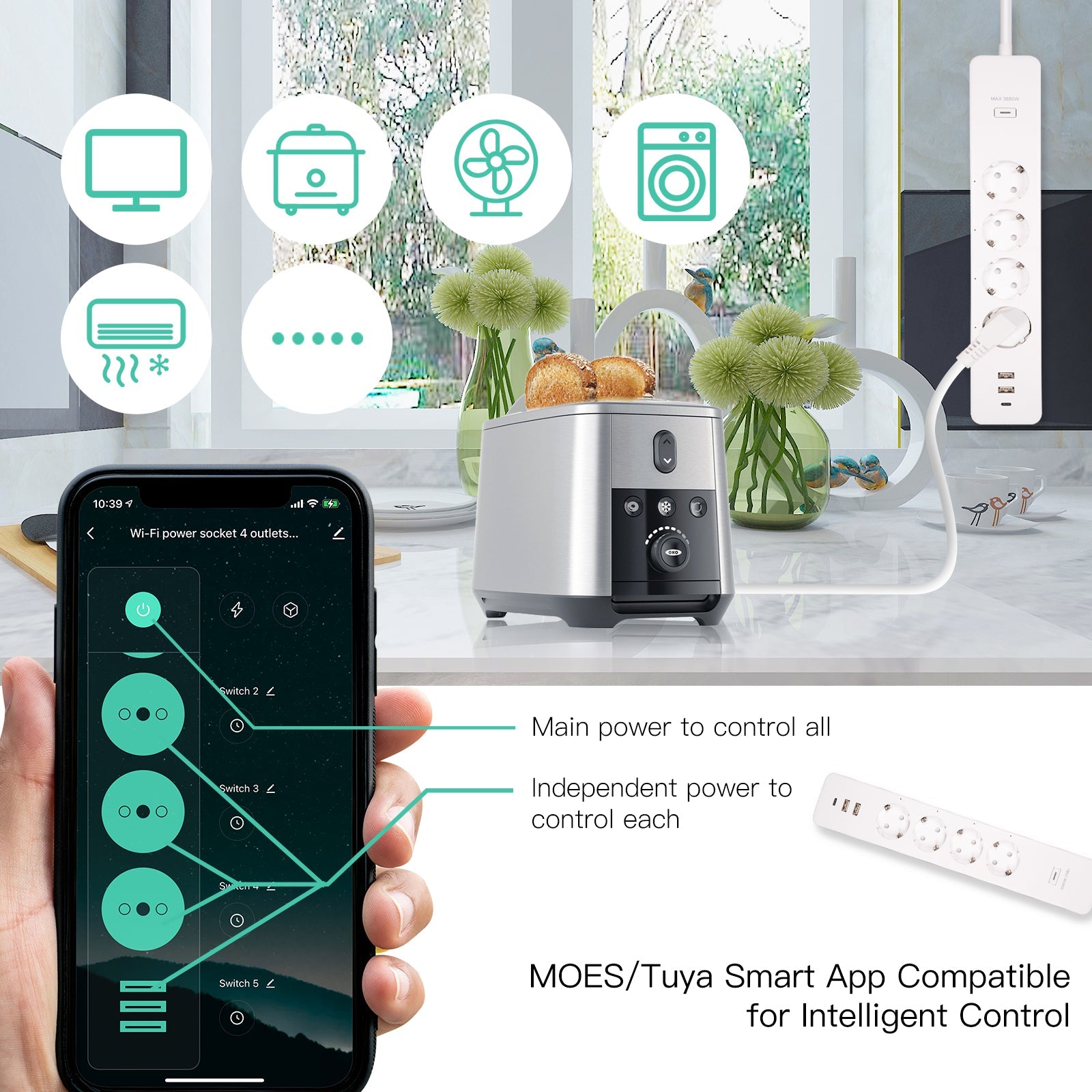 MOES WiFi Tuya Smart Power Strip Surge Protector Electric Power Monitor Socket - MOES
