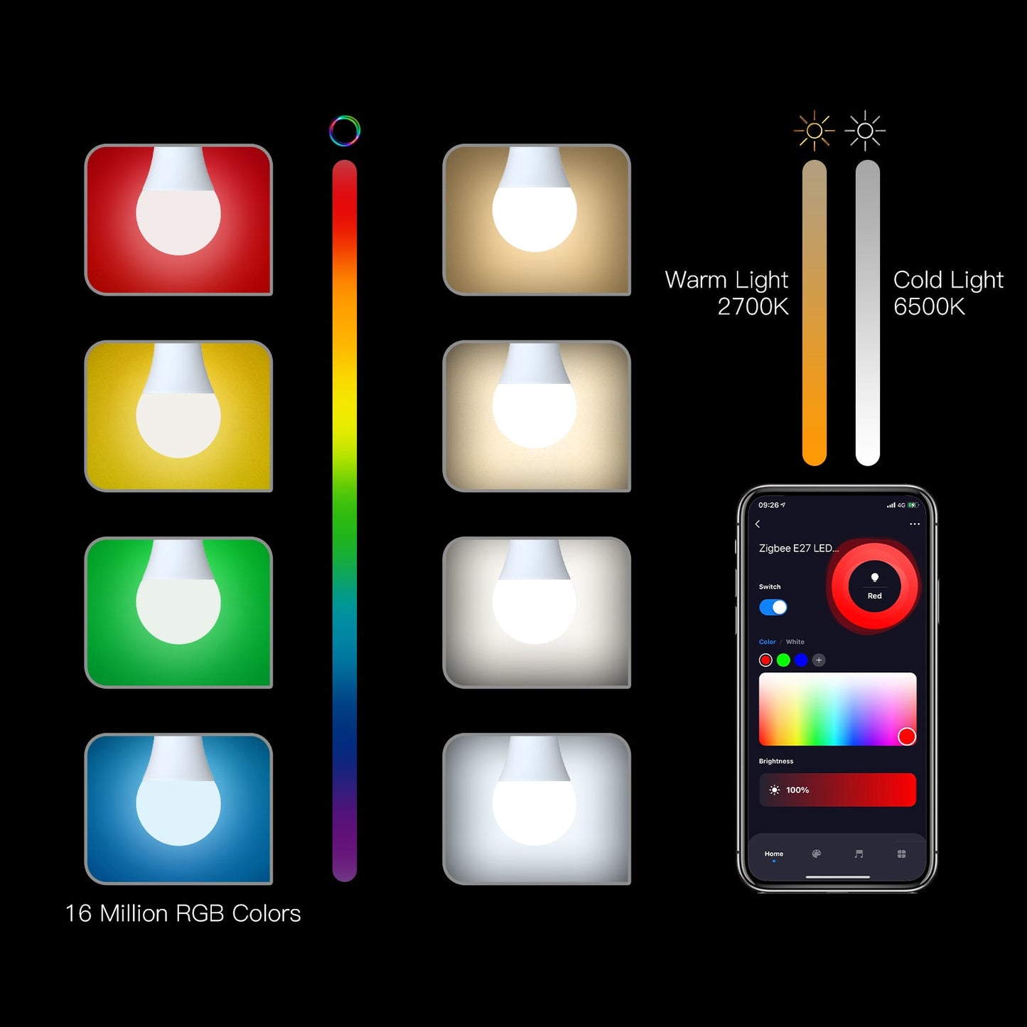 MOES ZigBee Smart LED Light Bulb E27 Dimmable RGB White Color Lamp 806Lm 9W 90-250V - MOES