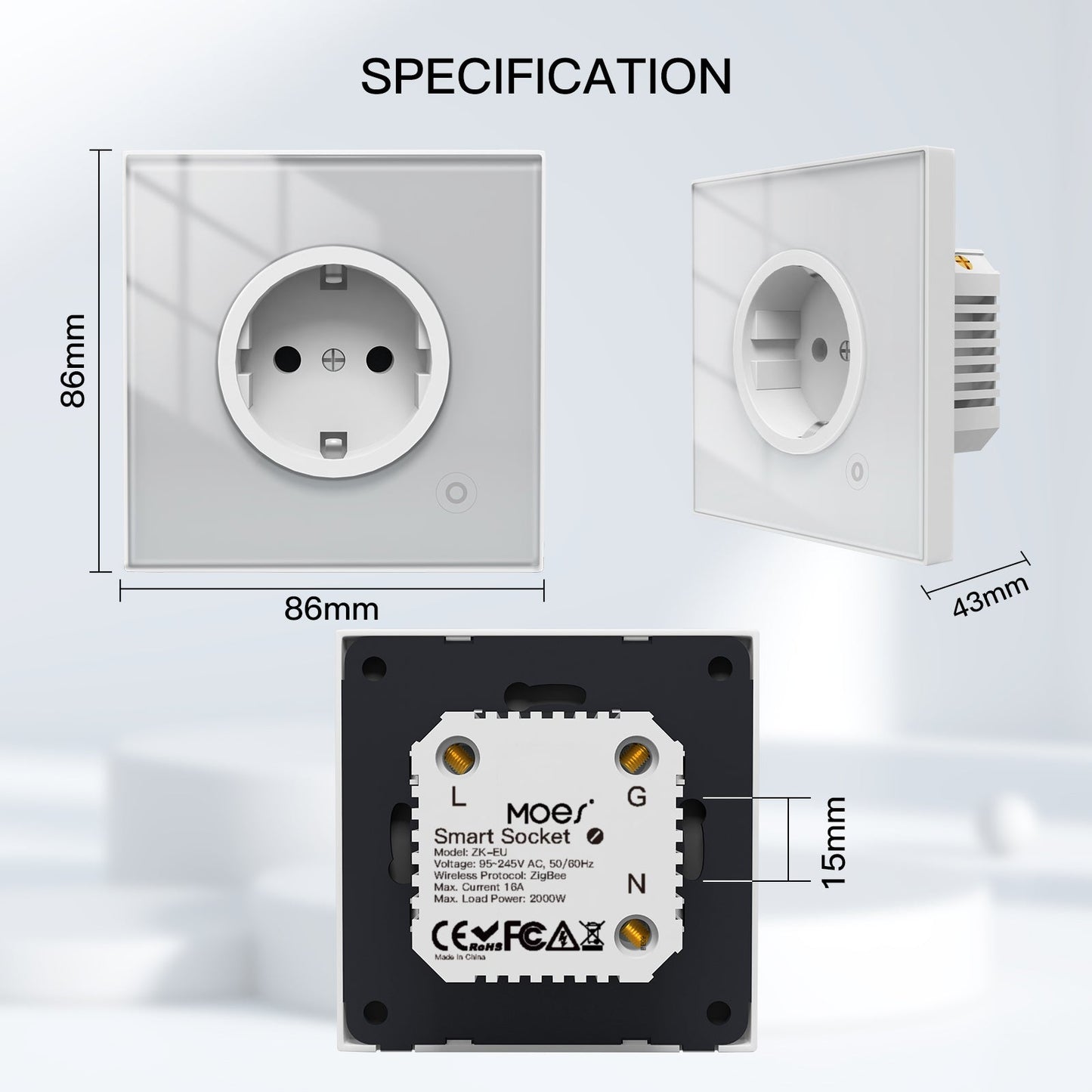 MOES ZigBee Smart Wall Socket Glass Panel Power Monitor - MOES