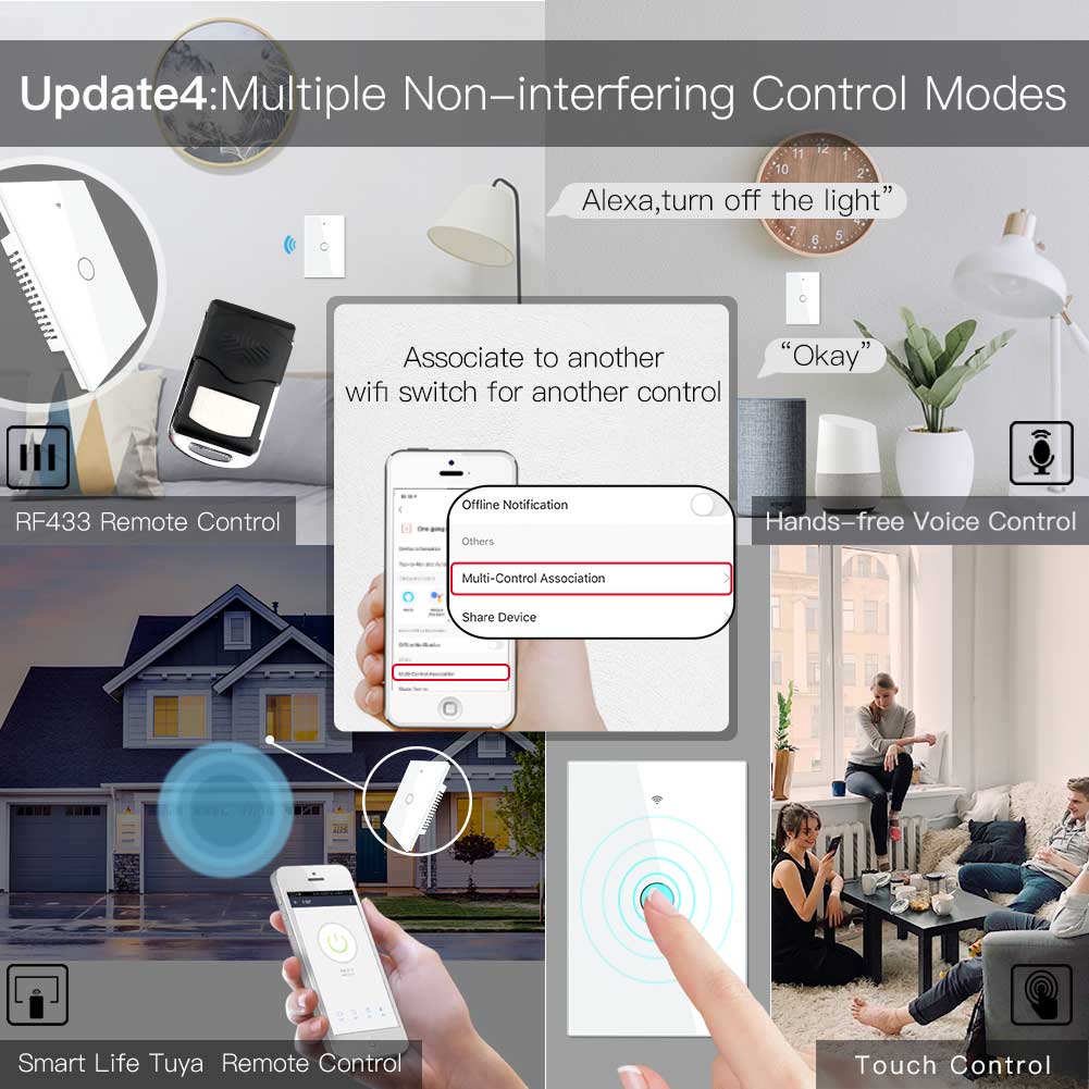 New Smart Glass Panel Switch Smart Life/Tuya App Multi-Control Association, Voice Control with Alexa,Google Home,1 Gang - Moes