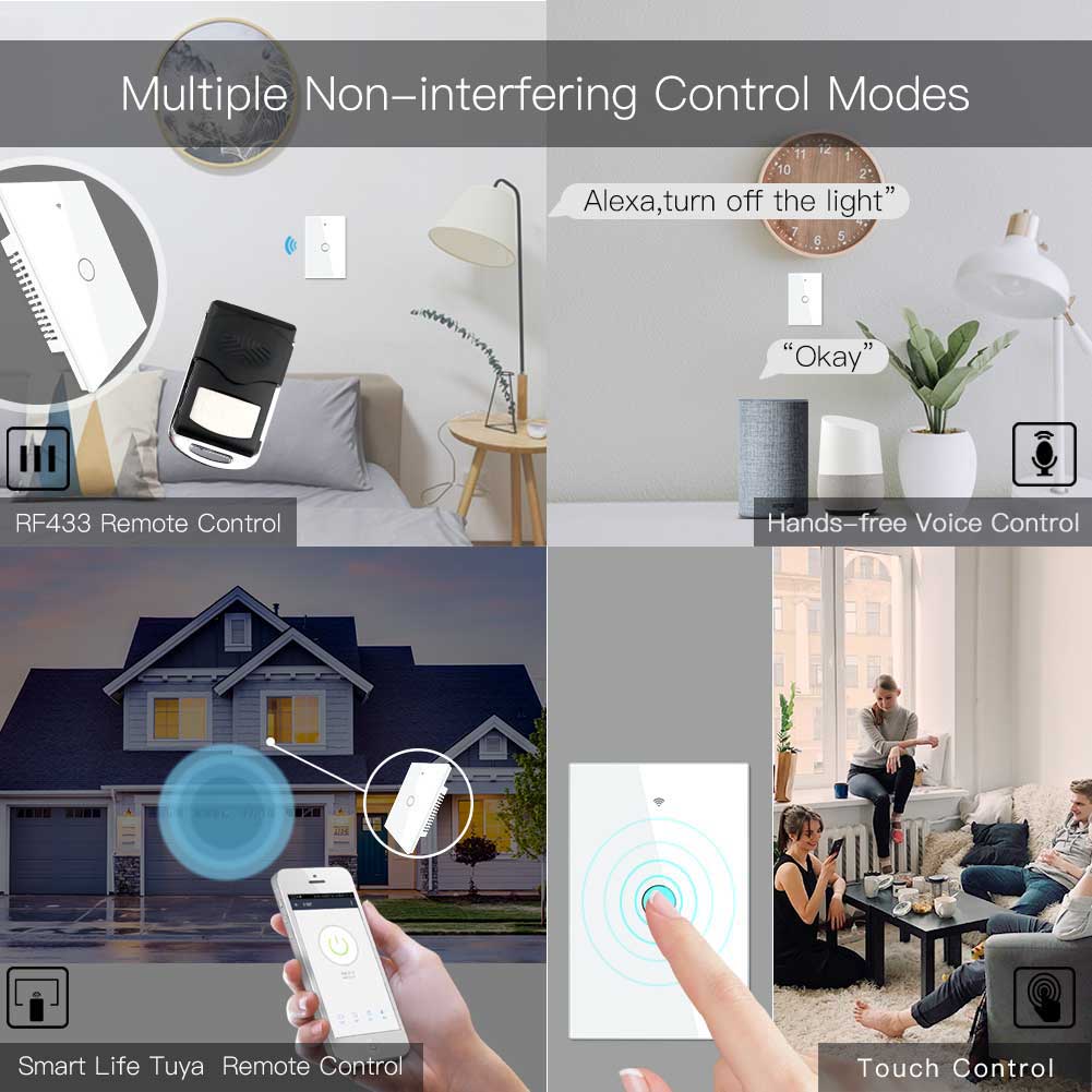 New Upgrade RF433 WiFi Wall Touch Switch No Neutral Wire Needed Wireless Smart Life/Tuya App Remote Control Works with Alexa Google Home 110V/220V 1 Gang White - Moes