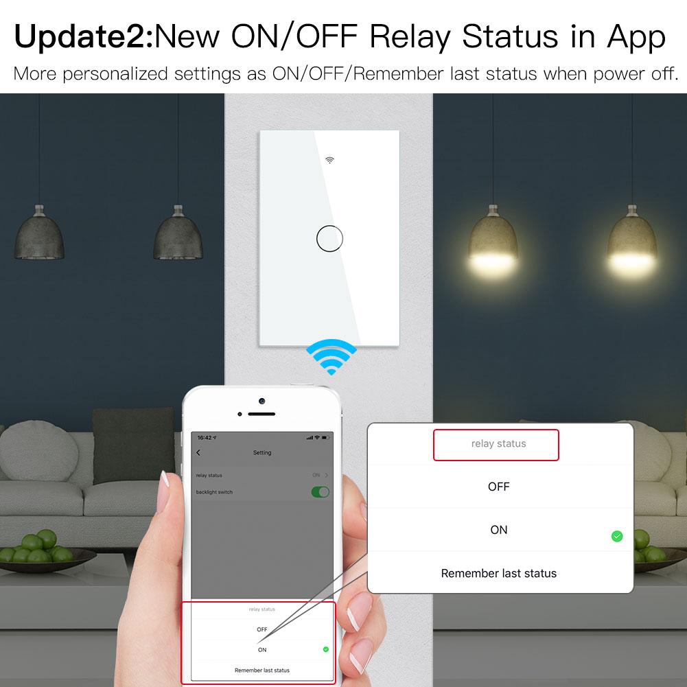 New Upgrade RF433 WiFi Wall Touch Switch No Neutral Wire Needed Wireless Smart Life/Tuya App Remote Control Works with Alexa Google Home 110V/220V 1 Gang White - Moes