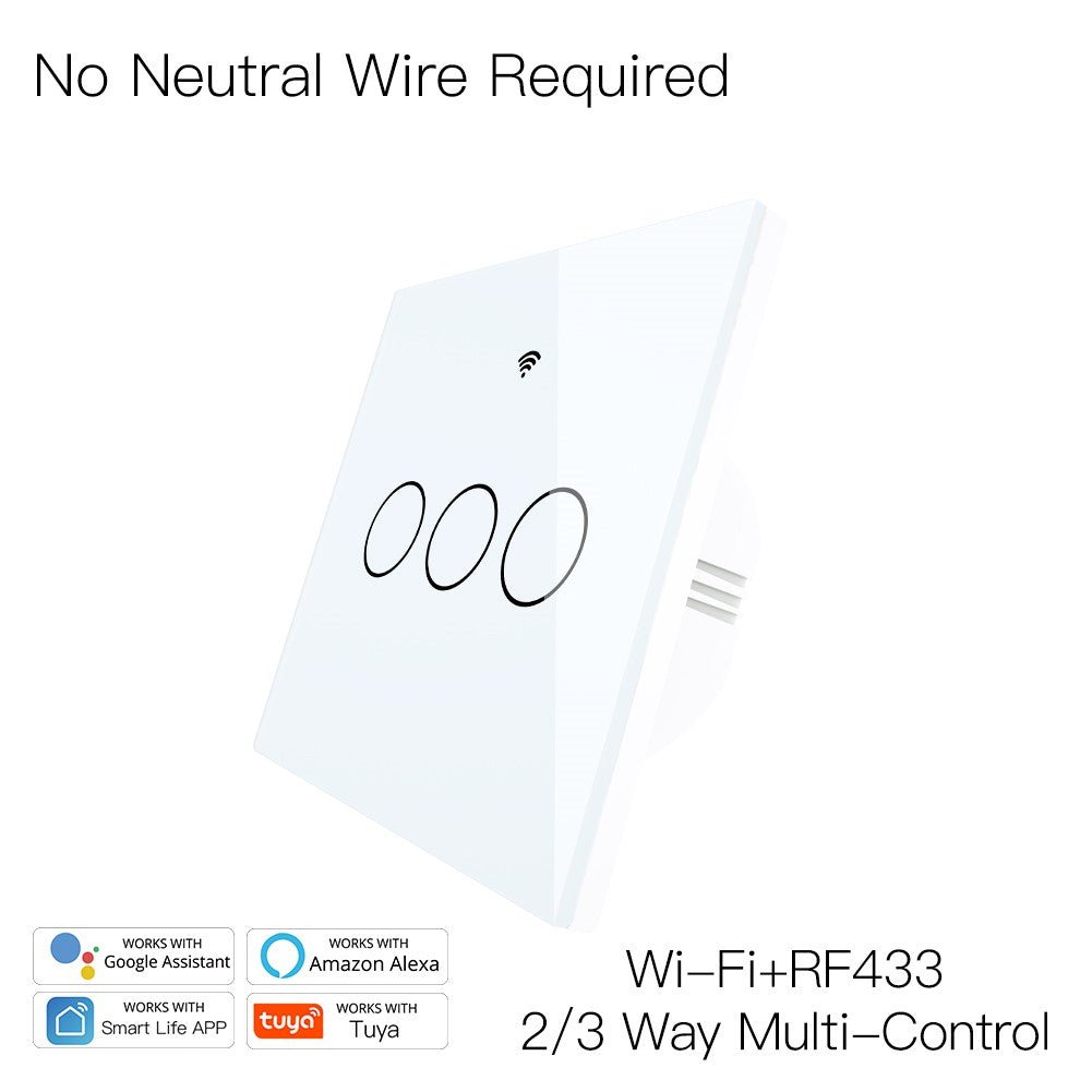 New Upgrade RF433 WiFi Wall Touch Switch No Neutral Wire Needed Wireless Smart Life/Tuya App Remote Control Works with Alexa Google Home EU 1/2/3 Gang White - Moes