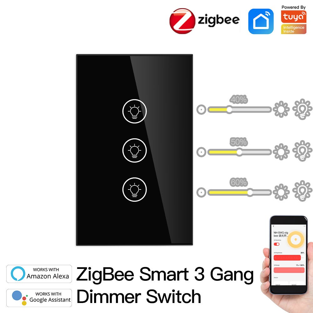 New ZigBee 3 Gang Smart Light Dimmer Switch Independent Control Smart Life/Tuya APP Relay Status Backlight Switch OFF RF Remote Control Works with Alexa Google Voice Assistants - Moes