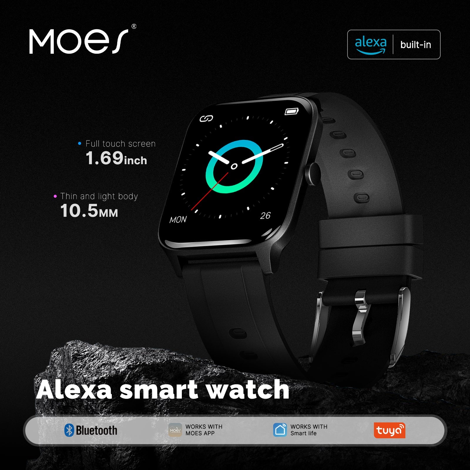 Smart Watch Alexa Built-in Fitness Tracker Heart Rate and Blood Oxygen Monitor, Waterproof 1.69-inch Touchscreen - MOES