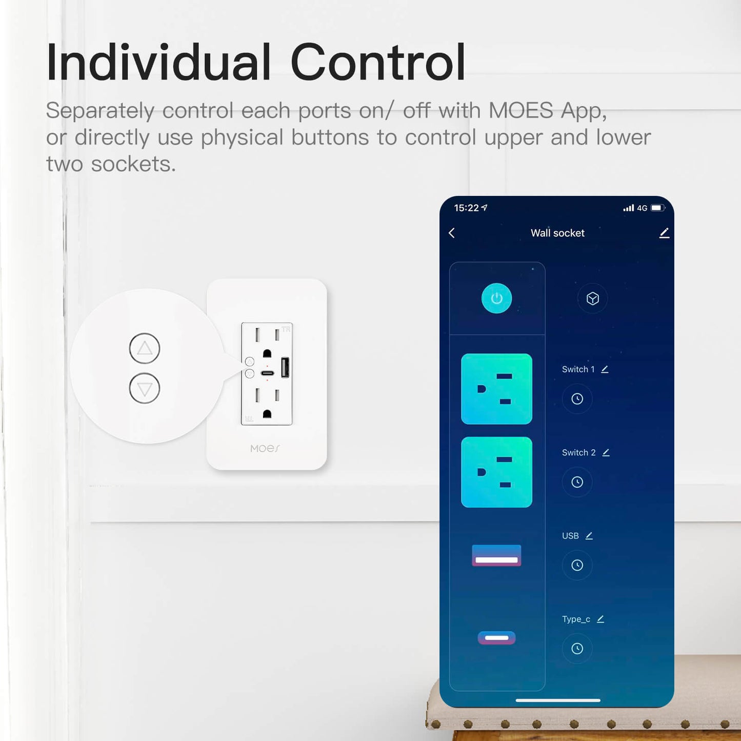 Smart WiFi USB Wall Outlet with Type-C & Type-A Ports, in-Wall Plug Socket Receptacle 15A - MOES