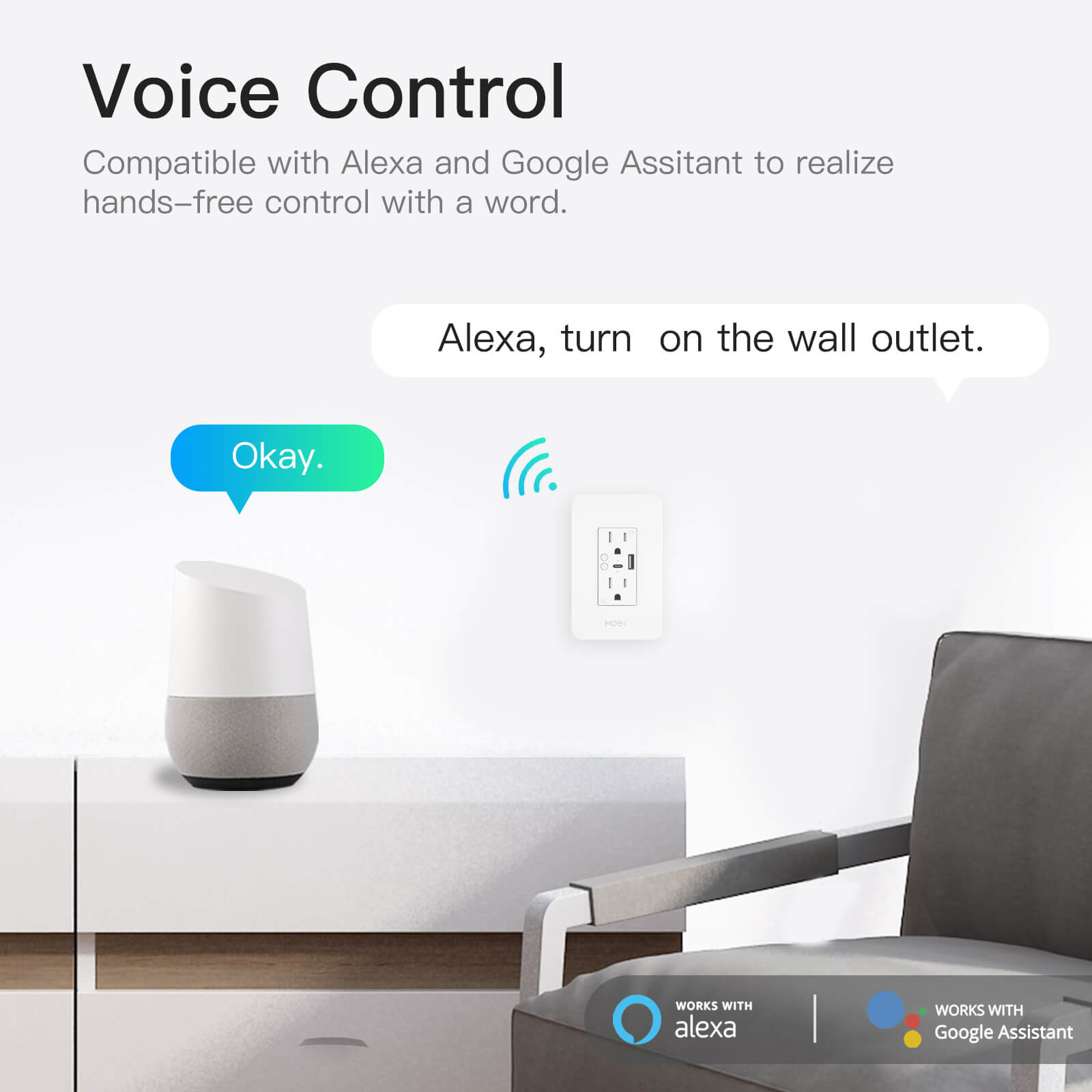Compatible with Alexa and Google Assitant to realize hands- -free control with a word. - MOES