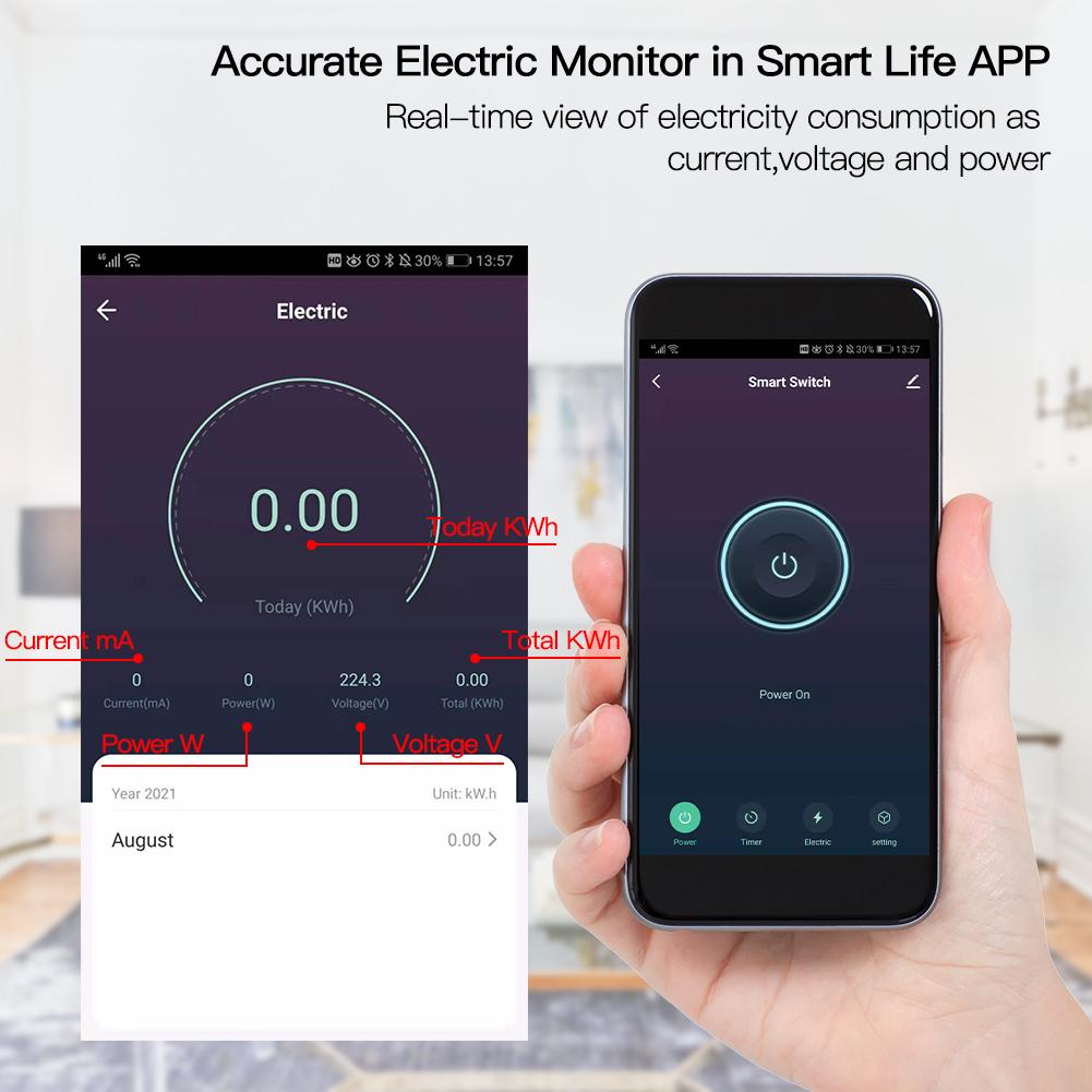 Wi-Fi DIY Smart Switch Electric Current Voltage Power Monitor Wireless Remote Control for Household Appliances Universal Module 16A Smart Life/Tuya Compatible with Alexa Google Assistants - Moes