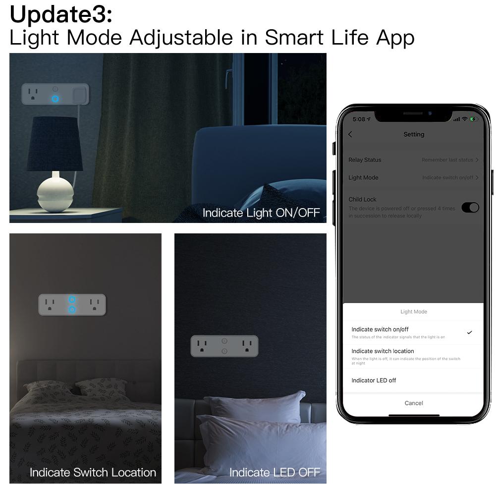 Wi-Fi Tuya Smart US Outlet Extender Multi Plug Socket Outlet Shelf with 2 Electrical Outlet Splitter Wall Plug Expander for Home Dorm with Nightlight Relay Status and Light Mode Adjustable Smart Life App Control Works with Alexa Google - Moes