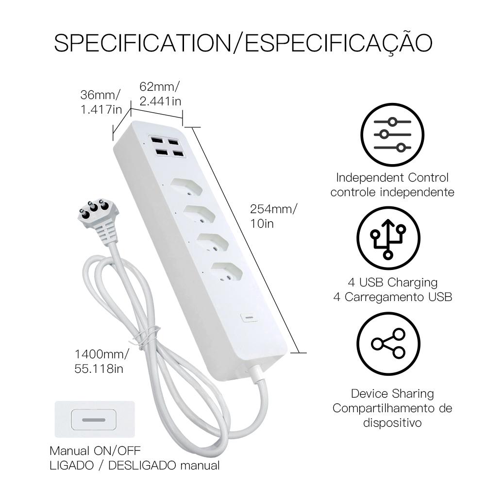 WiFi Brazil Smart Power Strip Surge Protector 4 Brazil Plug Outlets Electric Socket with 4 USB Type C Tuya Smart App Voice Remote Control by Alexa Google Home - Moes