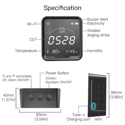 WiFi CO2 Carbon Dioxide Air Quality Monitor Detect & Test Indoor Air Ventilation Levels with CO2 PPM Levels Temperature and Humidity Sensor Readings on Screen Concentration Alarm Device - MOES