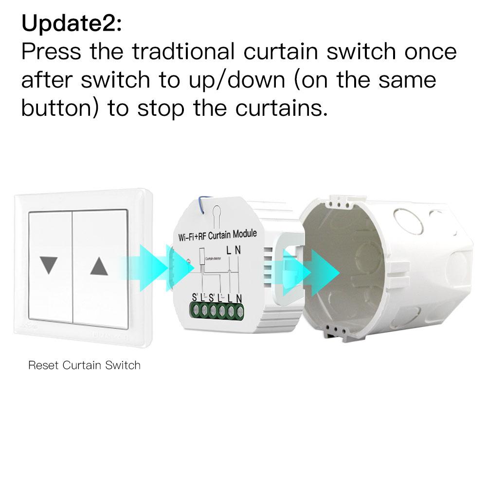 Press the tradtional curtain switch once after switch to up/ down (on the same button) to stop the curtains. - Moes