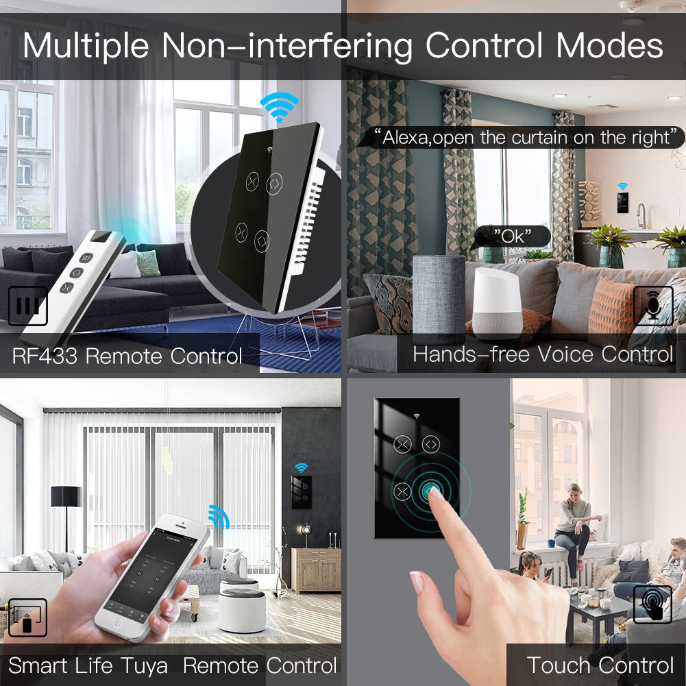 WiFi RF433 Smart Curtain 2 Gang Blind Touch Switch Single Pole Neutral Wire Required US - MOES
