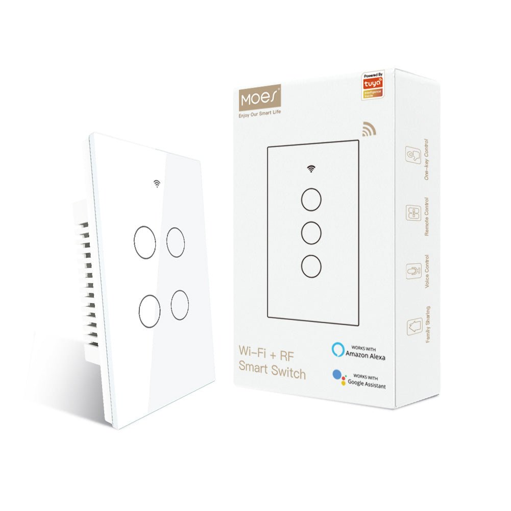 WiFi RF433 Smart Glass Panel Light Touch Switch 3 Way Multi-Control Neutral Wire Required US Standard - MOES