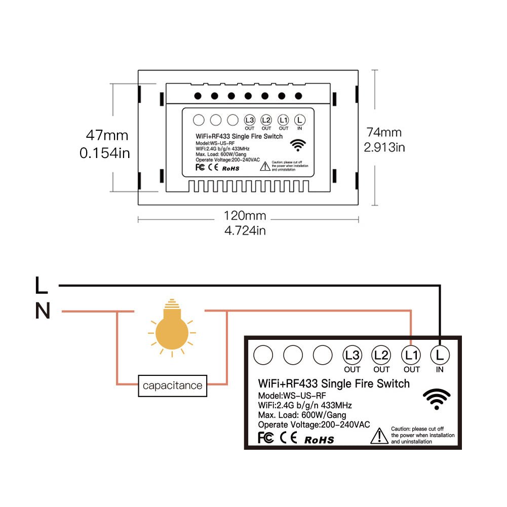 WiFi RF433 Smart Light Wall Touch Switch Single Pole 1/2/3/4 Gang US 220V - MOES