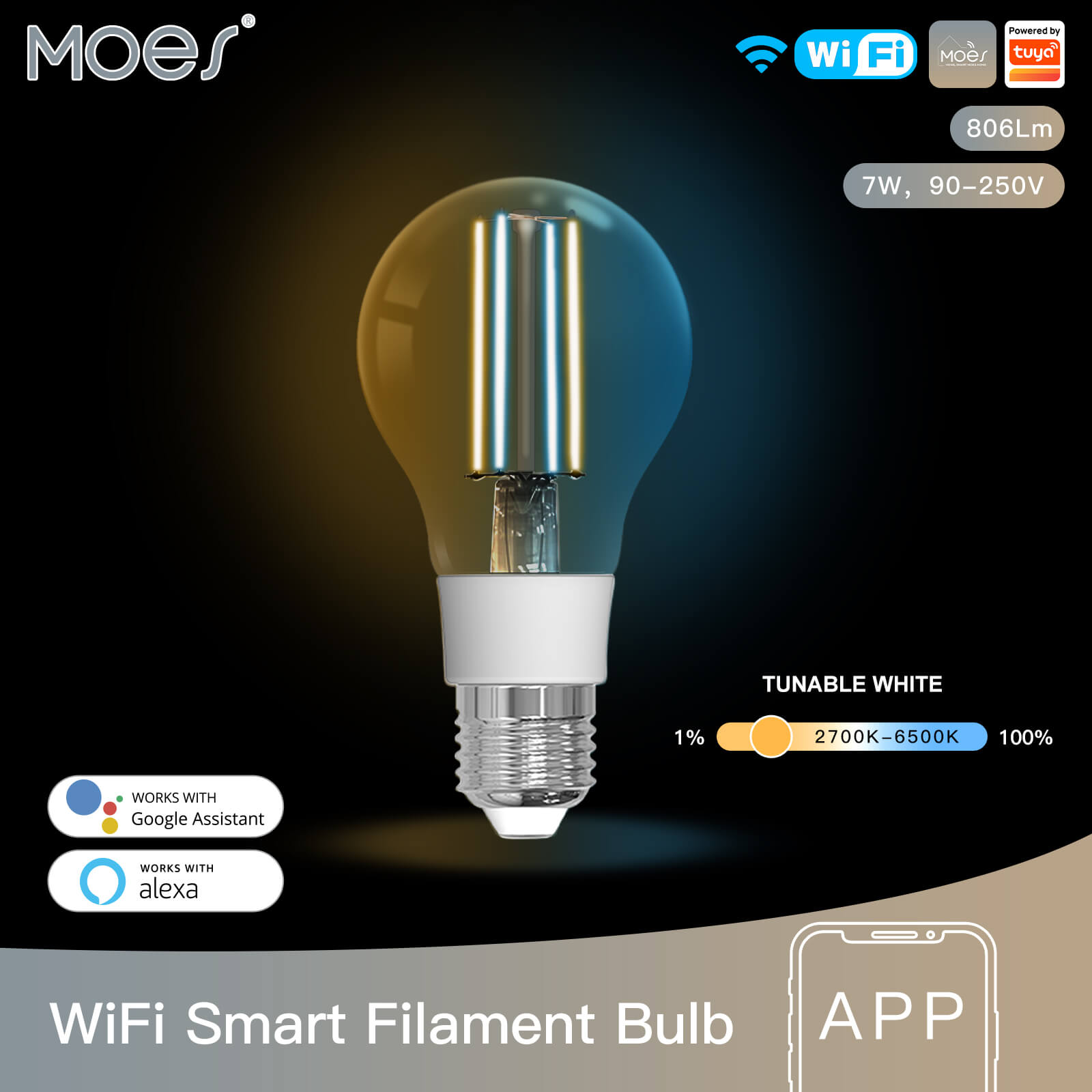 WiFi Smart Filament Bulb LED Light A60 E27 Dimmable Lighting Soft – MOES