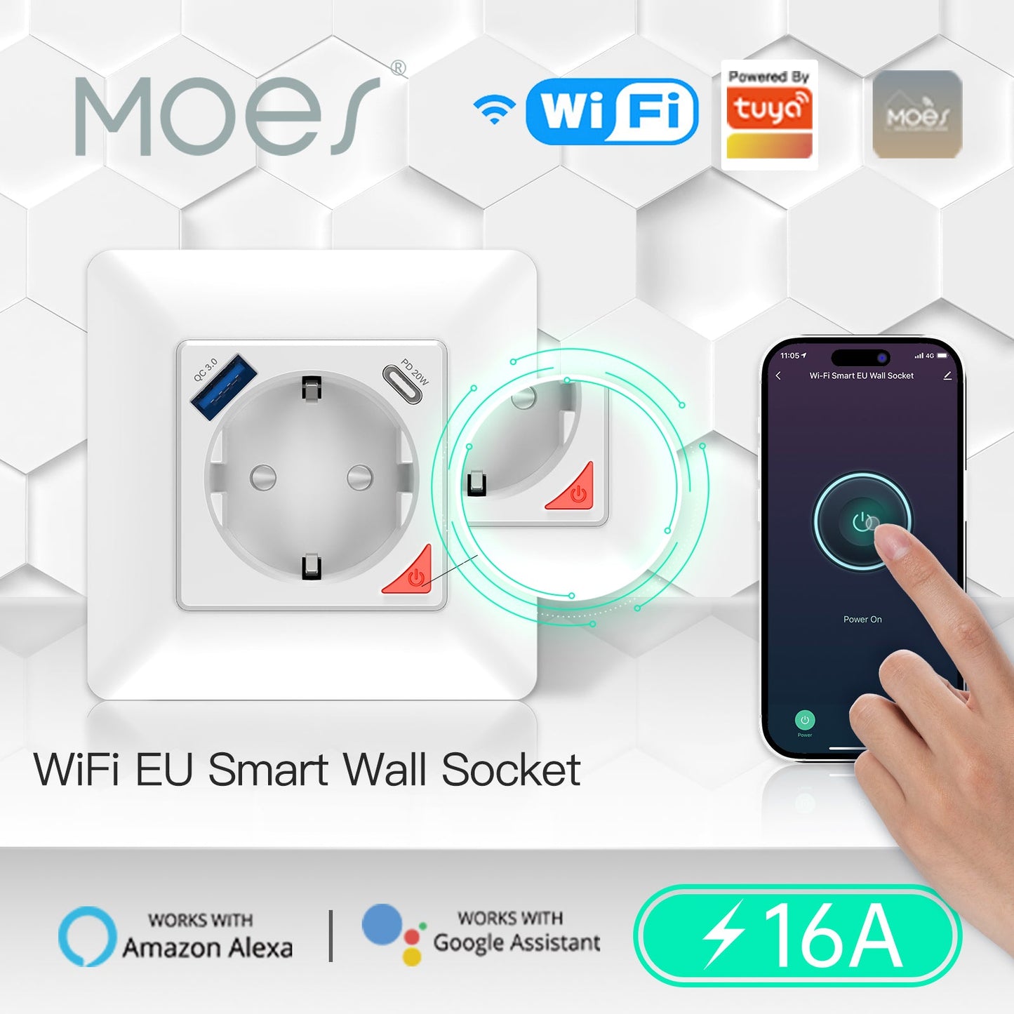 WiFi Smart Socket 16A Power Socket Fast Charge USB Type-C - MOES