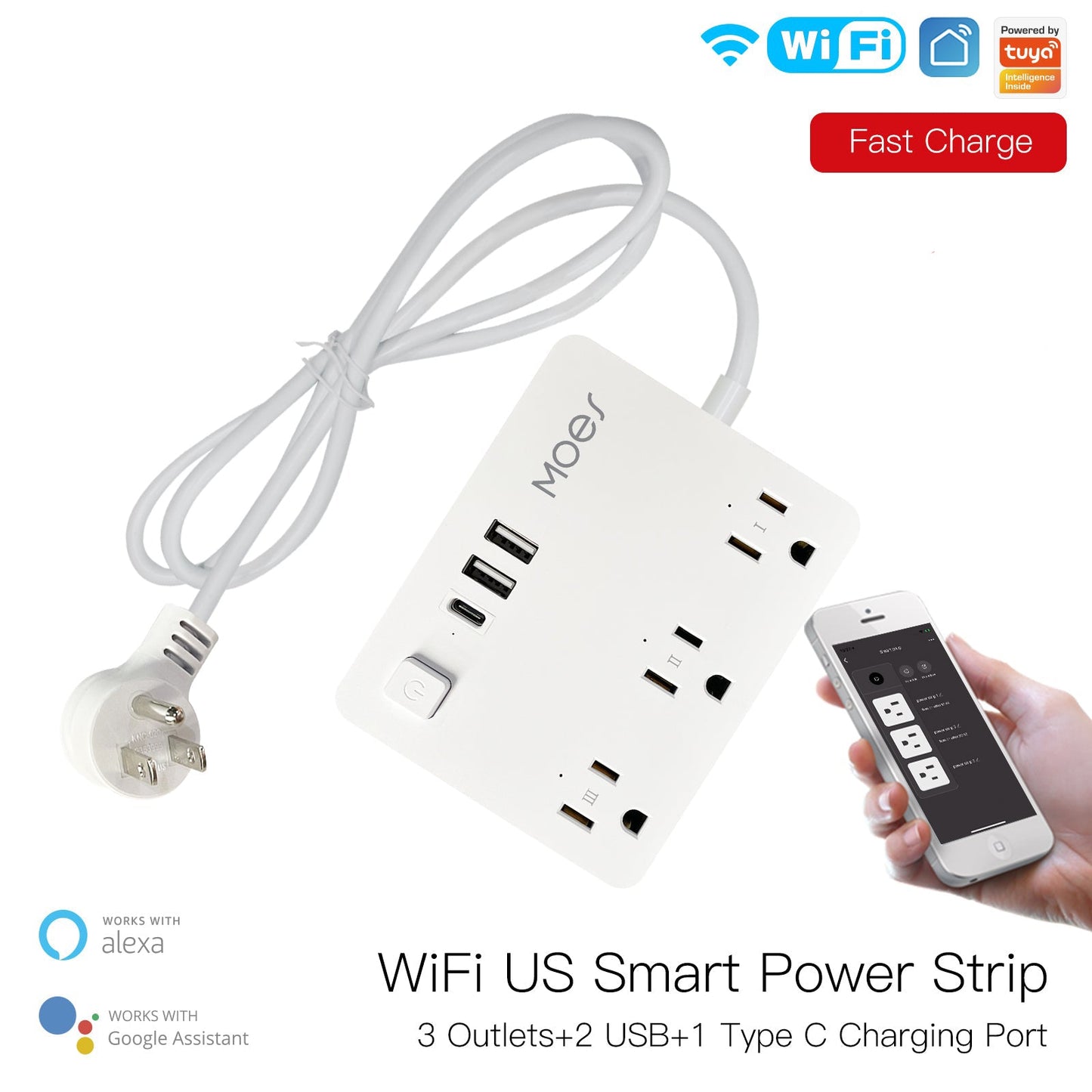 WiFi US Smart Power Strip Surge Protector 3 Plug Outlets Electric Socket - MOES