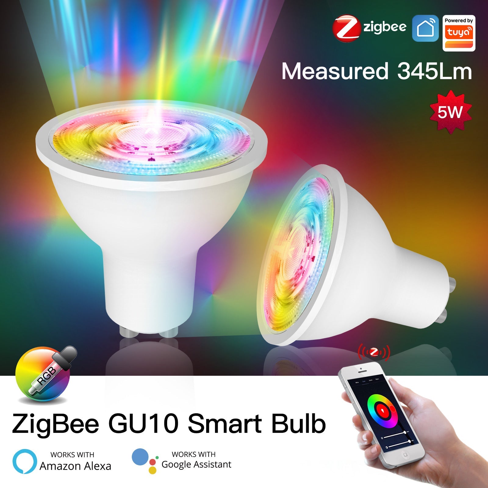 ZigBee?GU10 Smart LED Dimmable Bulbs RGBCCT 2200-6500K C+W 5W White - MOES