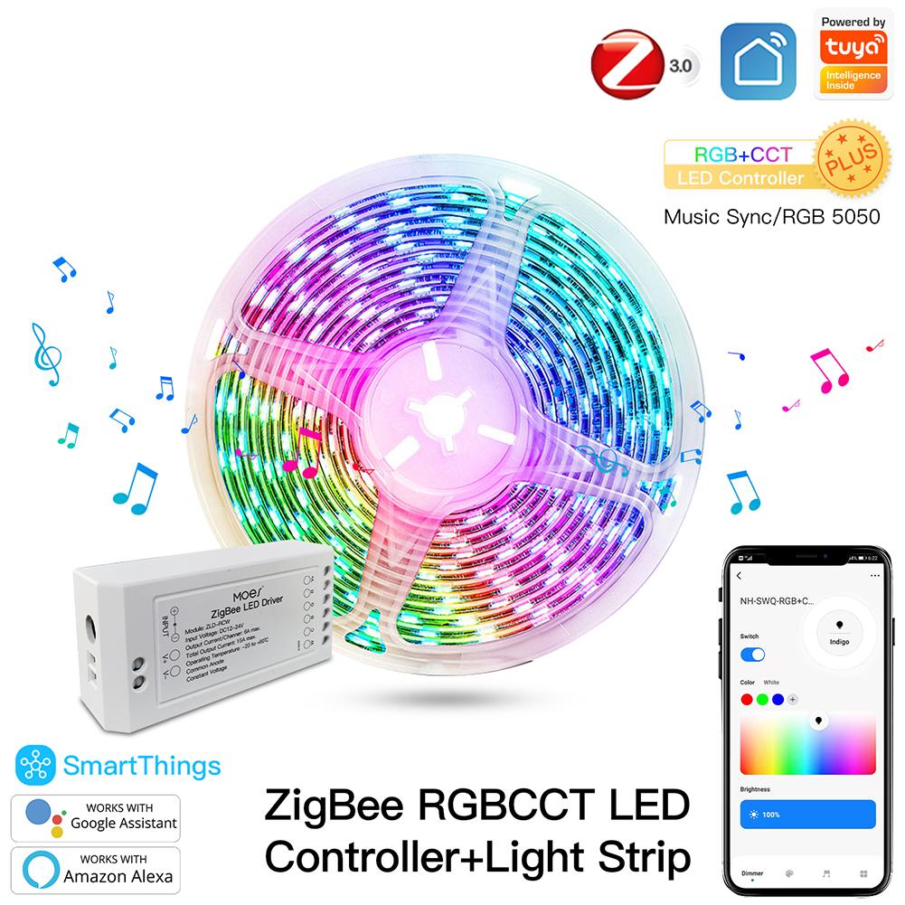 ZigBee RGBCCT LED Controller Plus LED Light Strip RGB CCT Dimmer Module Music Sync Tuya Smart App Control with Alexa Echo 3.0 Smartthings Gateway APP Remote Control DC 12V 24V - Moes