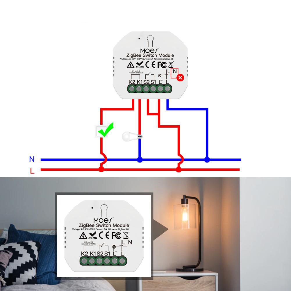 ZigBee Smart Light Switch Module Tuya No Neutral Wire Required 2MQTT - MOES