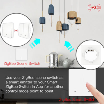 ZigBee Smart Push Button Switch and ZigBee Scene Switch Kit L Only No Neutral Wire or L+N Wiring Optional No Capacitor Required Tuya ZigBee Hub Required - Moes