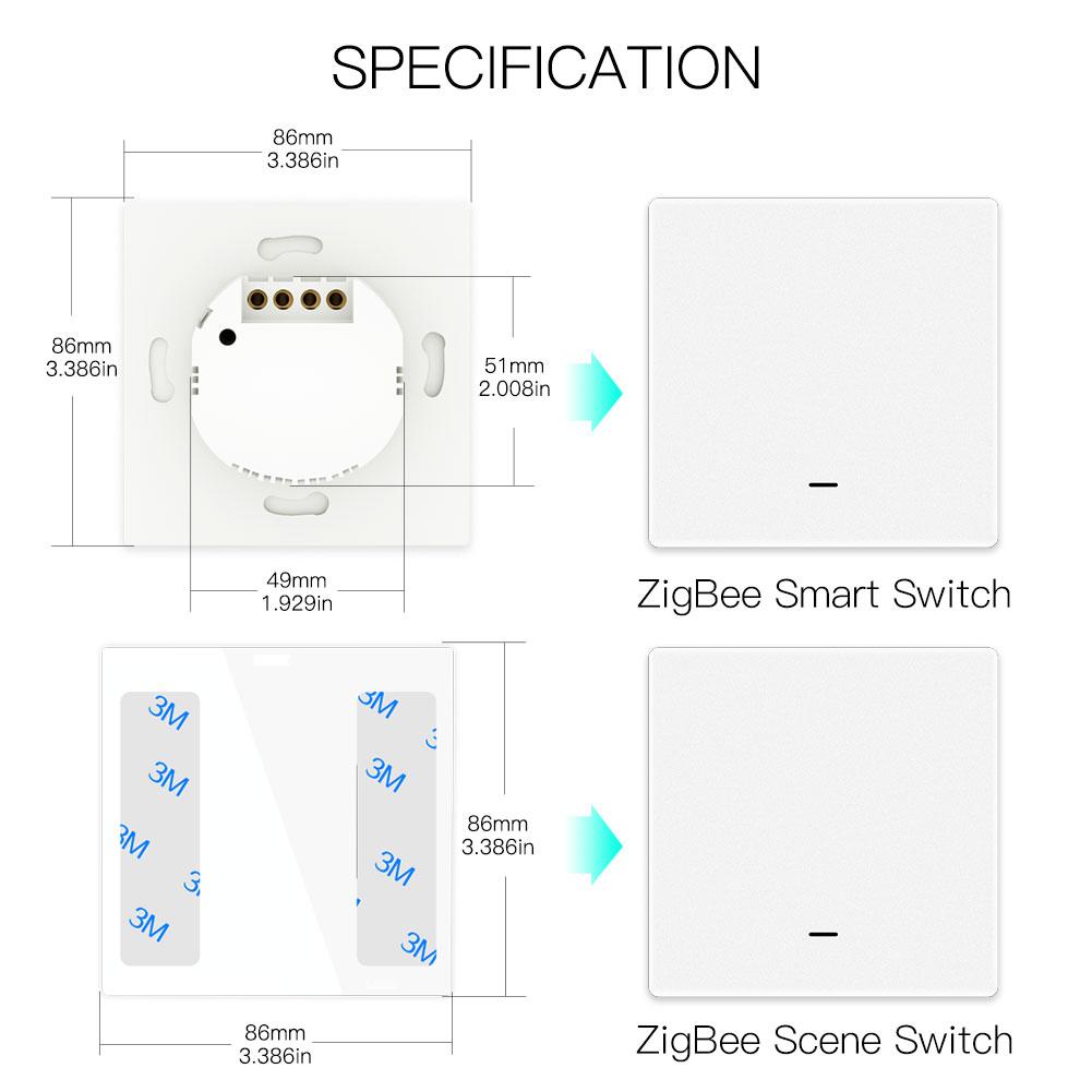 ZigBee Smart Push Button Switch and ZigBee Scene Switch Kit L Only No Neutral Wire or L+N Wiring Optional No Capacitor Required Tuya ZigBee Hub Required - Moes