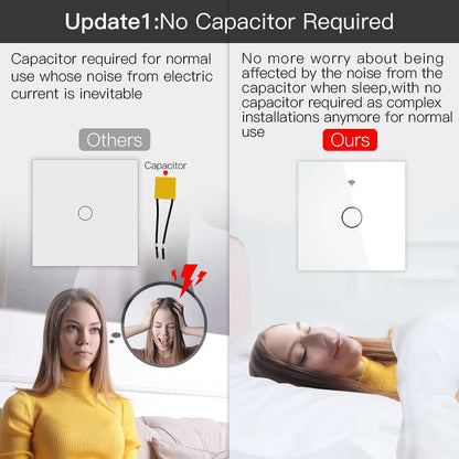 ZigBee Wall Touch Smart Light Switch With Neutral Wire/No Neutral Wire,No Capacitor Needed 2 Way Muilti-Control Association Hub Required 1 Gang White - Moes