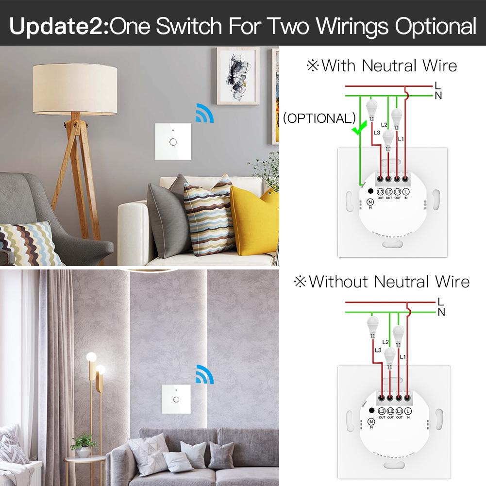 ZigBee Wall Touch Smart Light Switch With Neutral Wire/No Neutral Wire,No Capacitor Needed 2 Way Muilti-Control Association Hub Required 1 Gang White - Moes