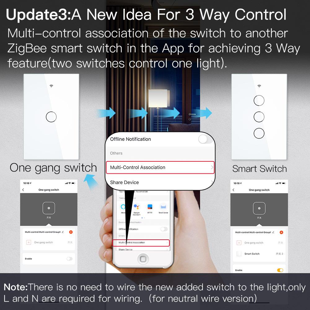 ZigBee Wall Touch Smart Light Switch With Neutral Wire/No Neutral Wire,No Capacitor Needed Smart Life/Tuya 2/3 Way Muilti-Control Association Hub Required 1 Gang White - Moes