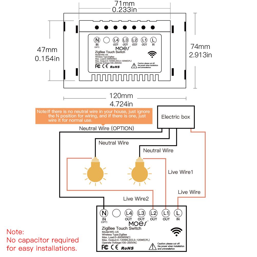 ZigBee Wall Touch Smart Light Switch With Neutral Wire/No Neutral Wire,No Capacitor Needed Smart Life/Tuya 2/3 Way Muilti-Control Association Hub Required 1 Gang White - Moes