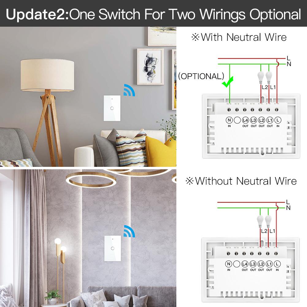 ZigBee Wall Touch Smart Light Switch With Neutral Wire/No Neutral Wire,No Capacitor Needed Smart Life/Tuya 2/3 Way Muilti-Control Association Hub Required 1 Gang White - Moes